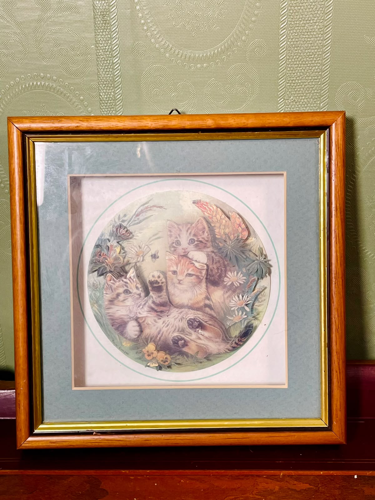 Vintage Cat & Floral Framed Print Approx. 17 Inch
