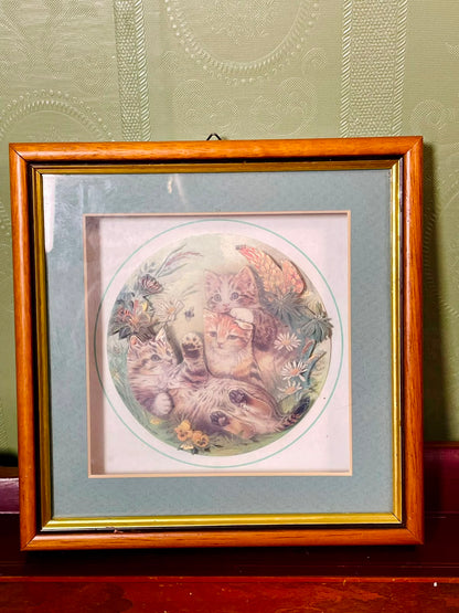 Vintage Cat & Floral Framed Print Approx. 17 Inch