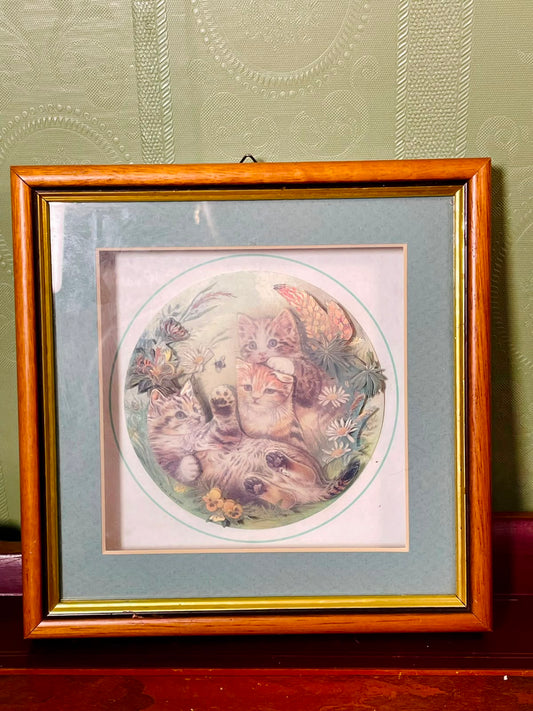 Vintage Cat & Floral Framed Print Approx. 17 Inch