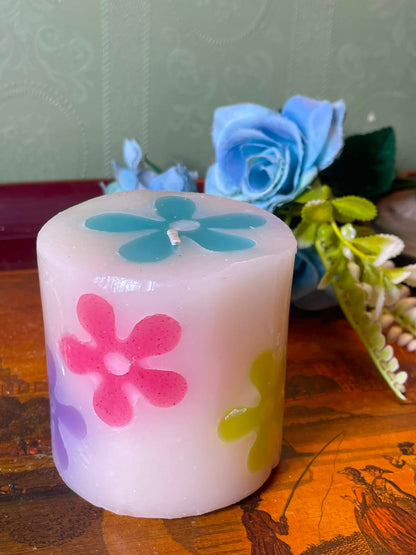 Floral Pillar Candle White with Multicolour Flowers 10 cm