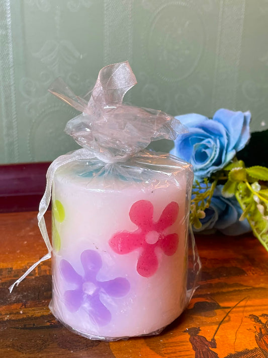 Floral Pillar Candle White with Multicolour Flowers 10 cm