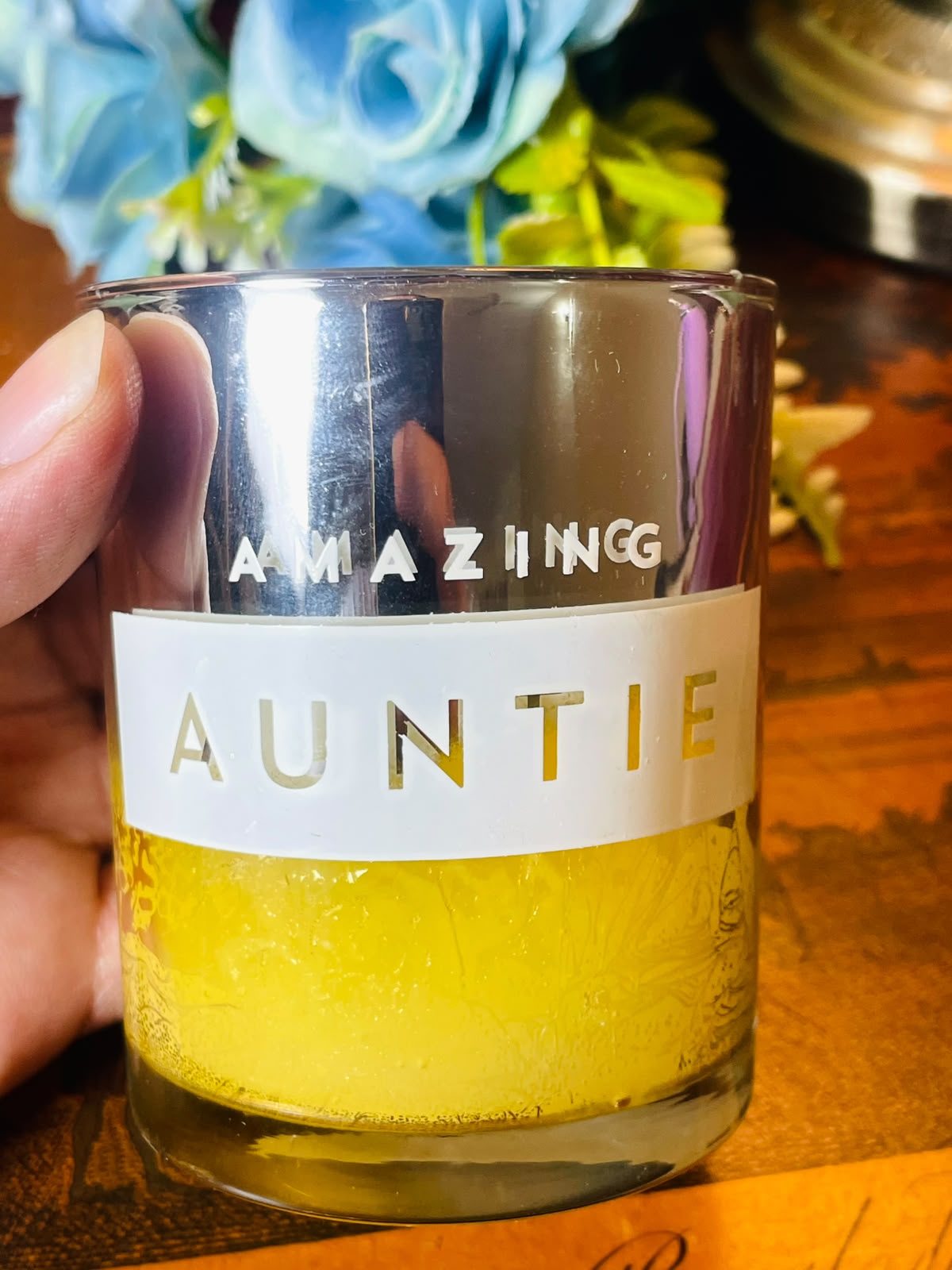 Amazing Auntie Yellow Candle in Clear Crystal Holder 9 cm
