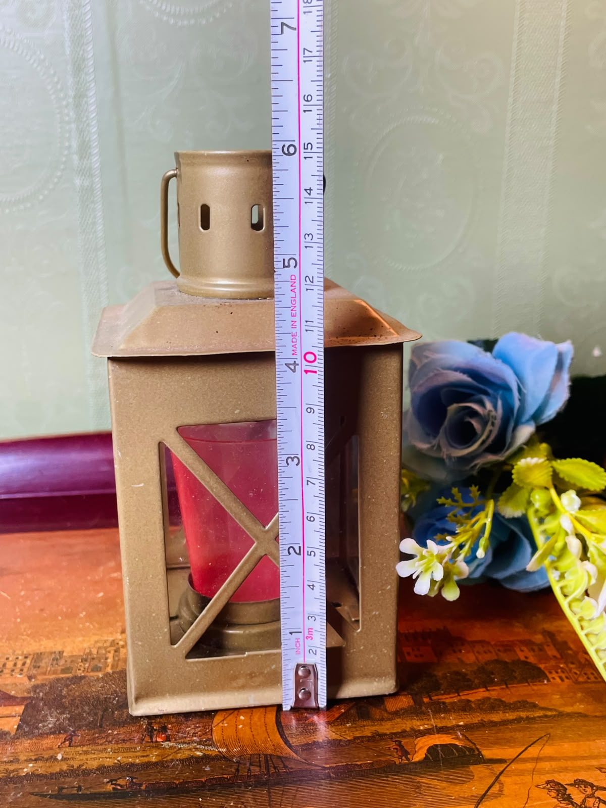 Metal Lantern Candle Holder with Red Candle 15 cm