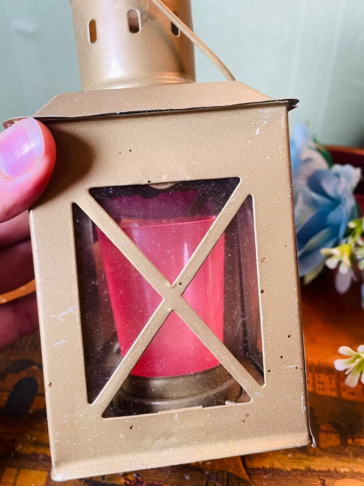 Metal Lantern Candle Holder with Red Candle 15 cm