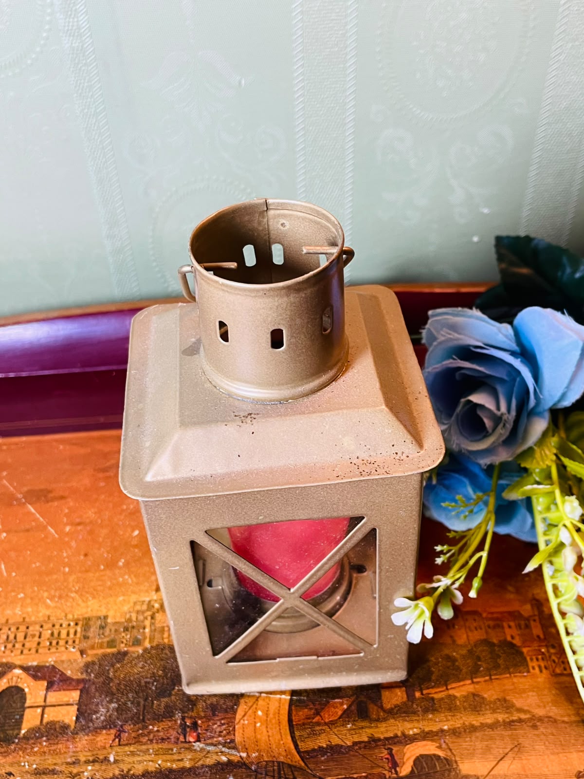Metal Lantern Candle Holder with Red Candle 15 cm