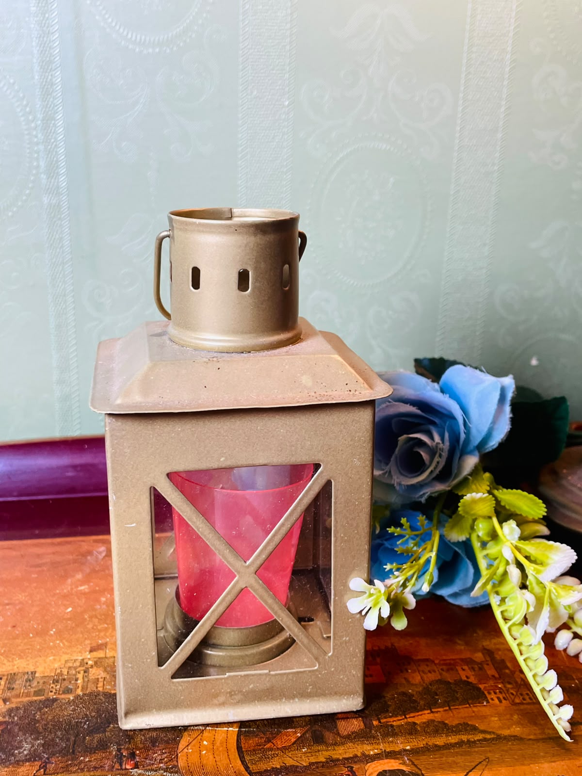 Metal Lantern Candle Holder with Red Candle 15 cm