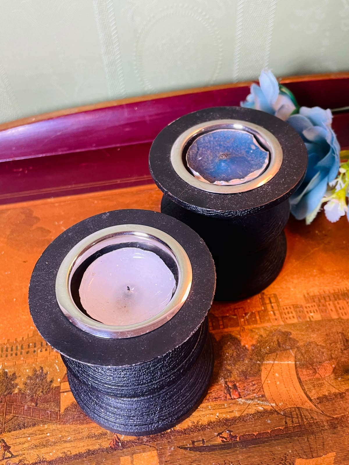 2-Piece Sainsbury's Black Wooden Tealight Holder Set 9 cm