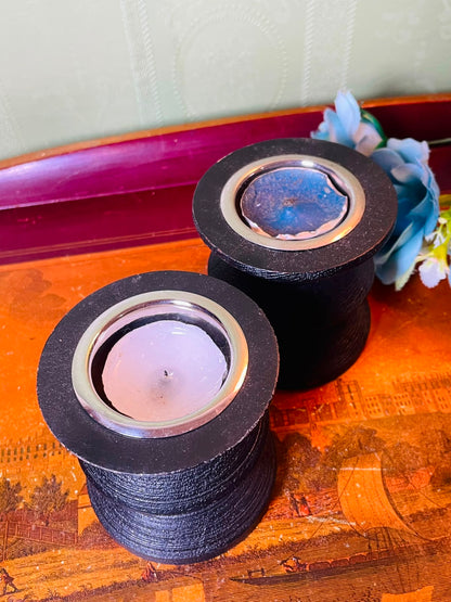 2-Piece Sainsbury's Black Wooden Tealight Holder Set 9 cm