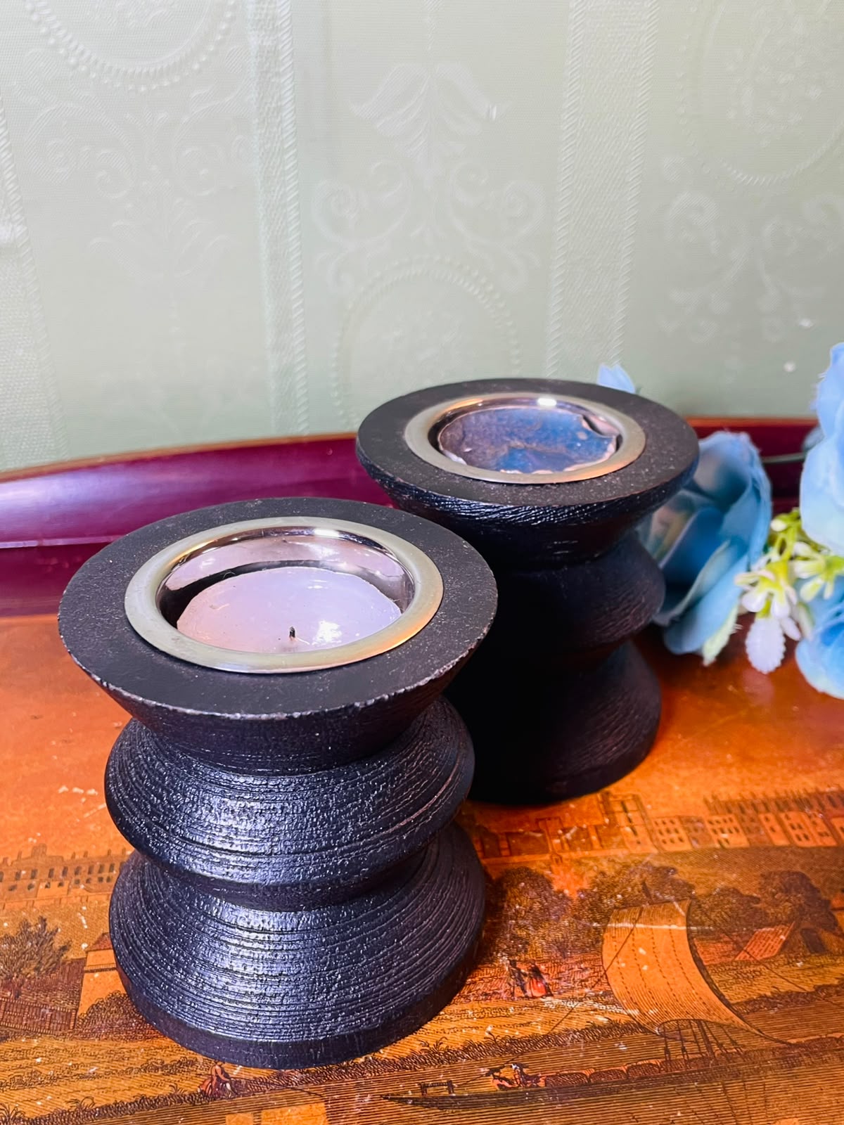 2-Piece Sainsbury's Black Wooden Tealight Holder Set 9 cm