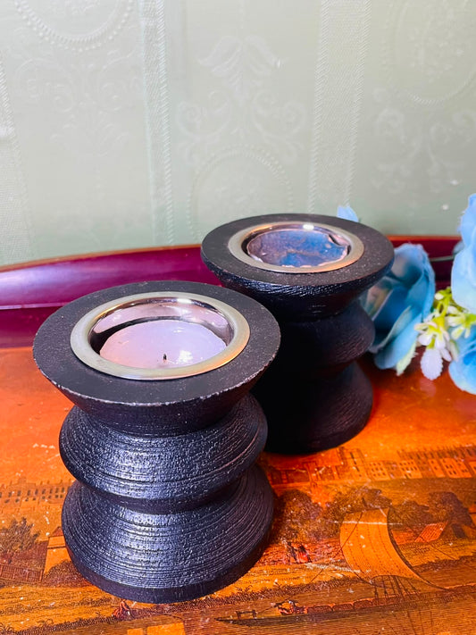 2-Piece Sainsbury's Black Wooden Tealight Holder Set 9 cm