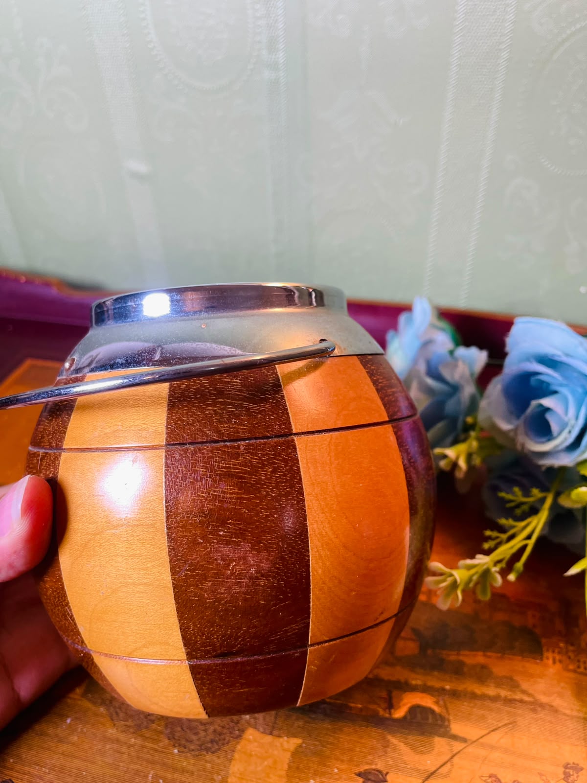 Wooden Barrel Candle Holder with Metal Handle 13 cm