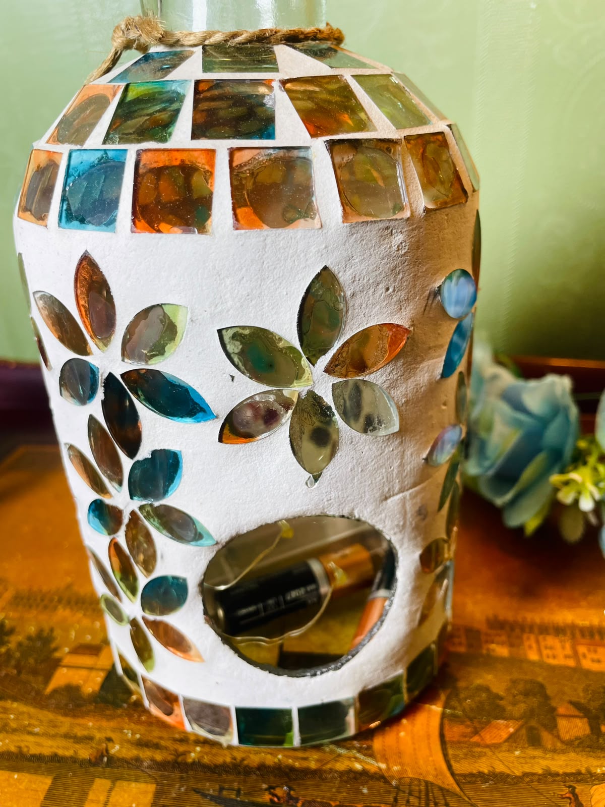 Multicolour Floral Mosaic Glass Decorative Bottle Vase 19 cm
