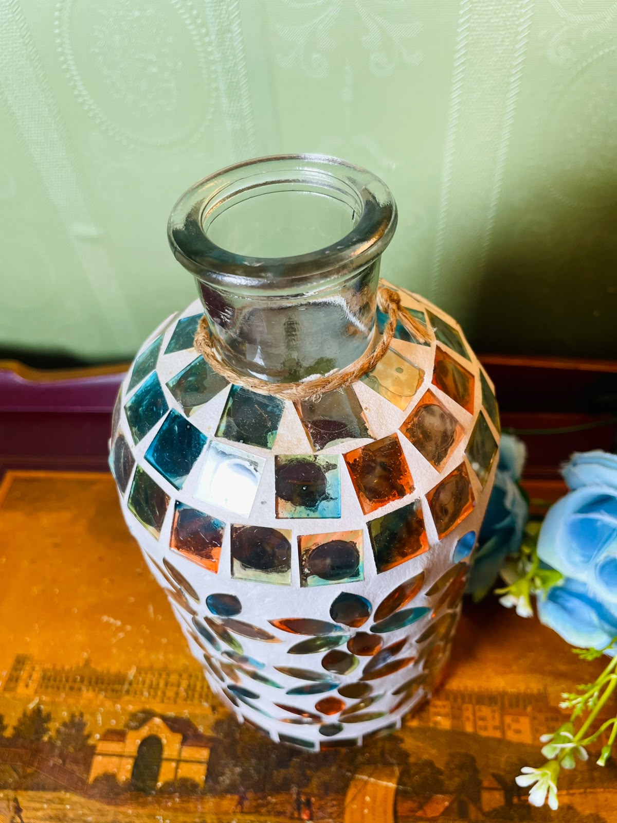 Multicolour Floral Mosaic Glass Decorative Bottle Vase 19 cm