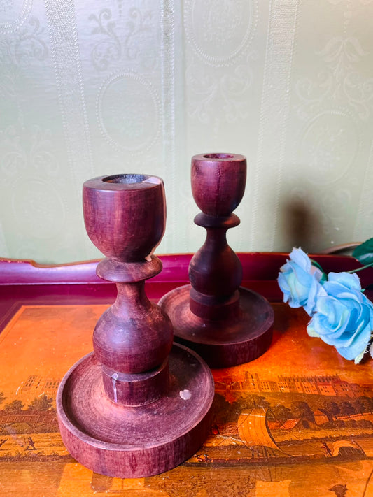 Pair of Wooden Candle Holders 14 cm