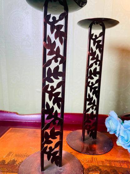 Pair of Metal Leaf Cutout Candle Holders 24 cm