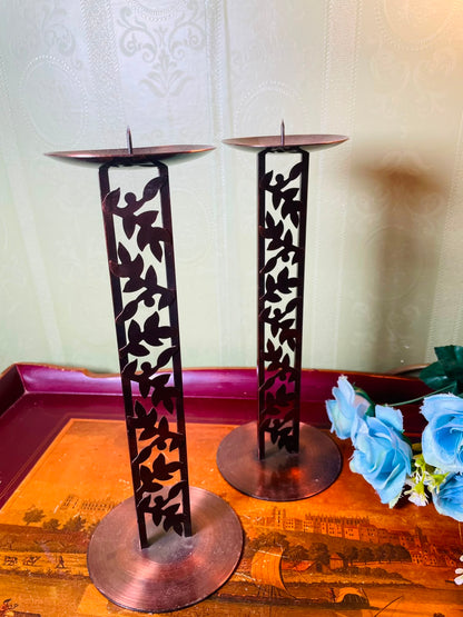 Pair of Metal Leaf Cutout Candle Holders 24 cm