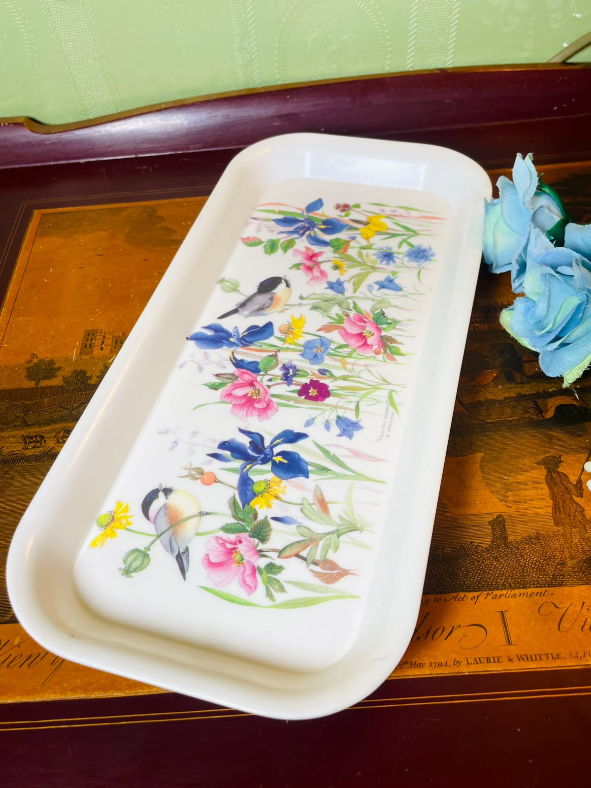 Vintage Bird & Floral Rectangular Serving Tray 28 cm
