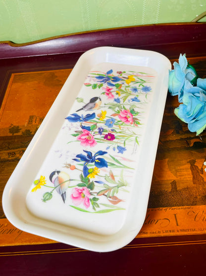 Vintage Bird & Floral Rectangular Serving Tray 28 cm