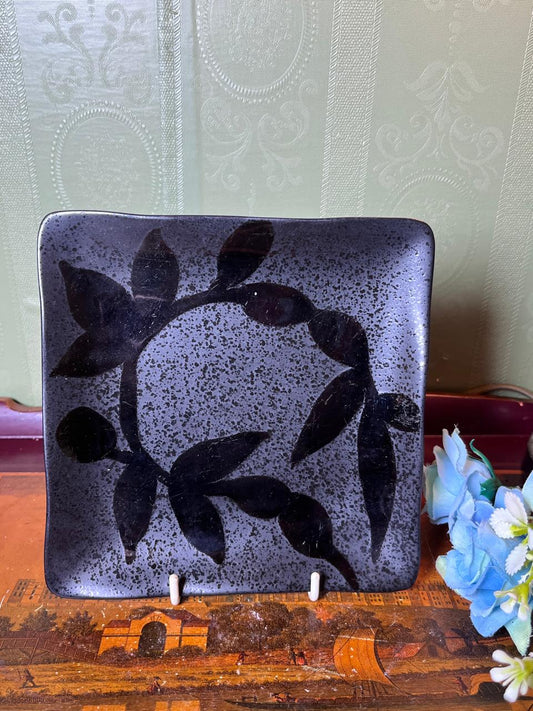 Black Botanical Square Ceramic Plate 16 cm
