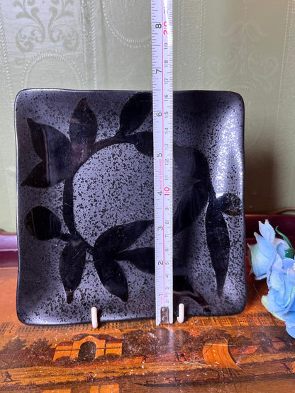 Black Botanical Square Ceramic Plate 16 cm