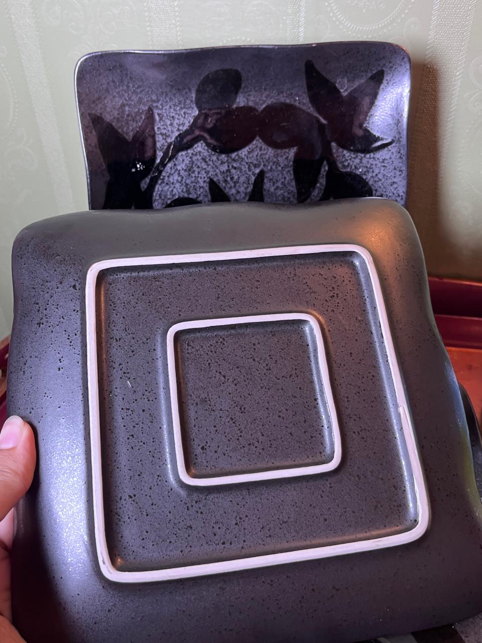 3-Piece Black Botanical medium Square Ceramic Plate Set 22 cm