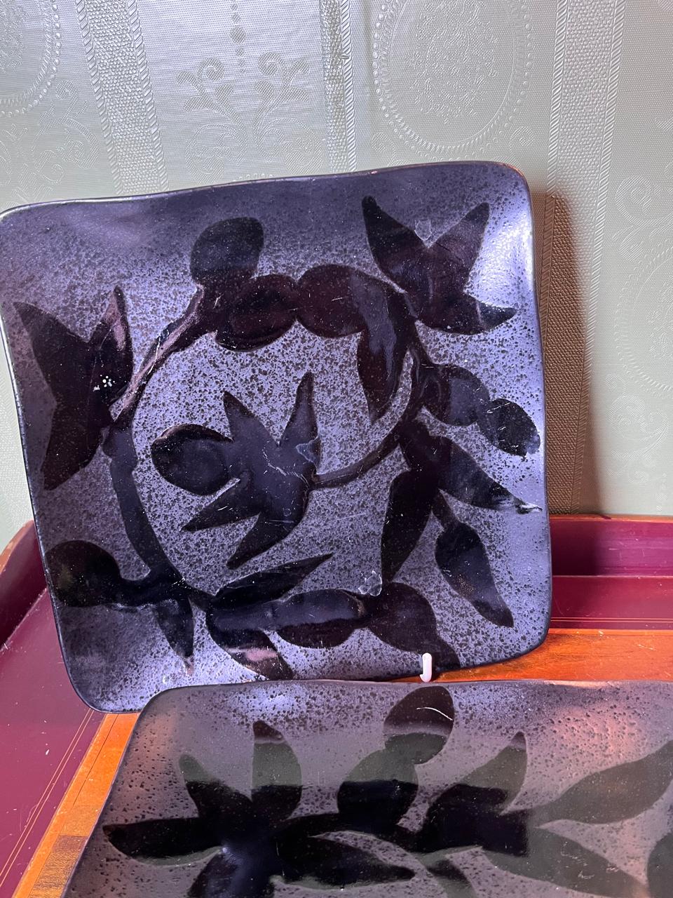 3-Piece Black Botanical medium Square Ceramic Plate Set 22 cm