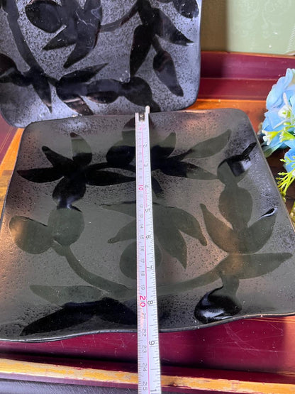 3-Piece Black Botanical medium Square Ceramic Plate Set 22 cm