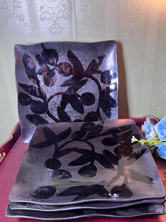 Black Botanical 4-Piece Square Ceramic Plate Set 26 cm