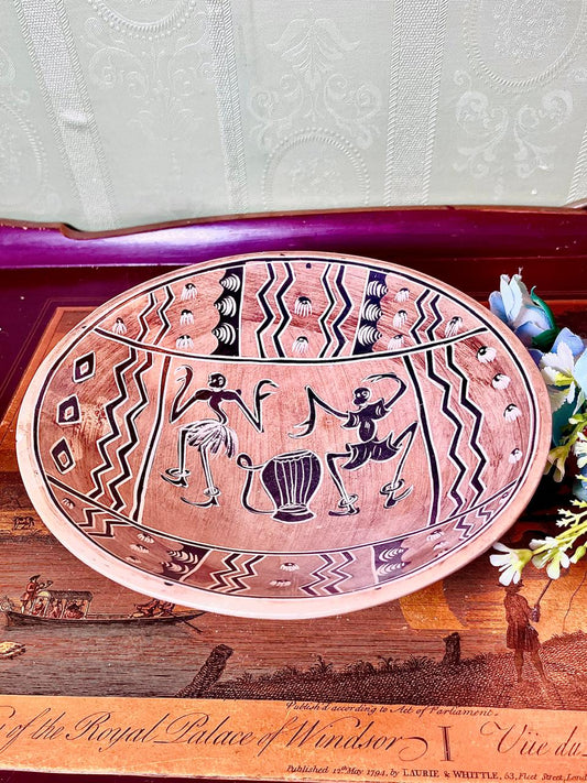 Vintage Pottery Bowl with Figurative & Geometric Design 8 Inch