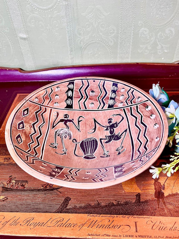 Vintage Pottery Bowl with Figurative & Geometric Design 8 Inch