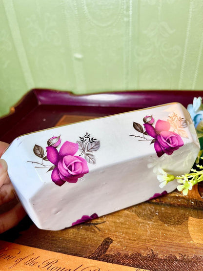 Vintage Floral Rectangular Serving Dish Pink Roses 7 Inch