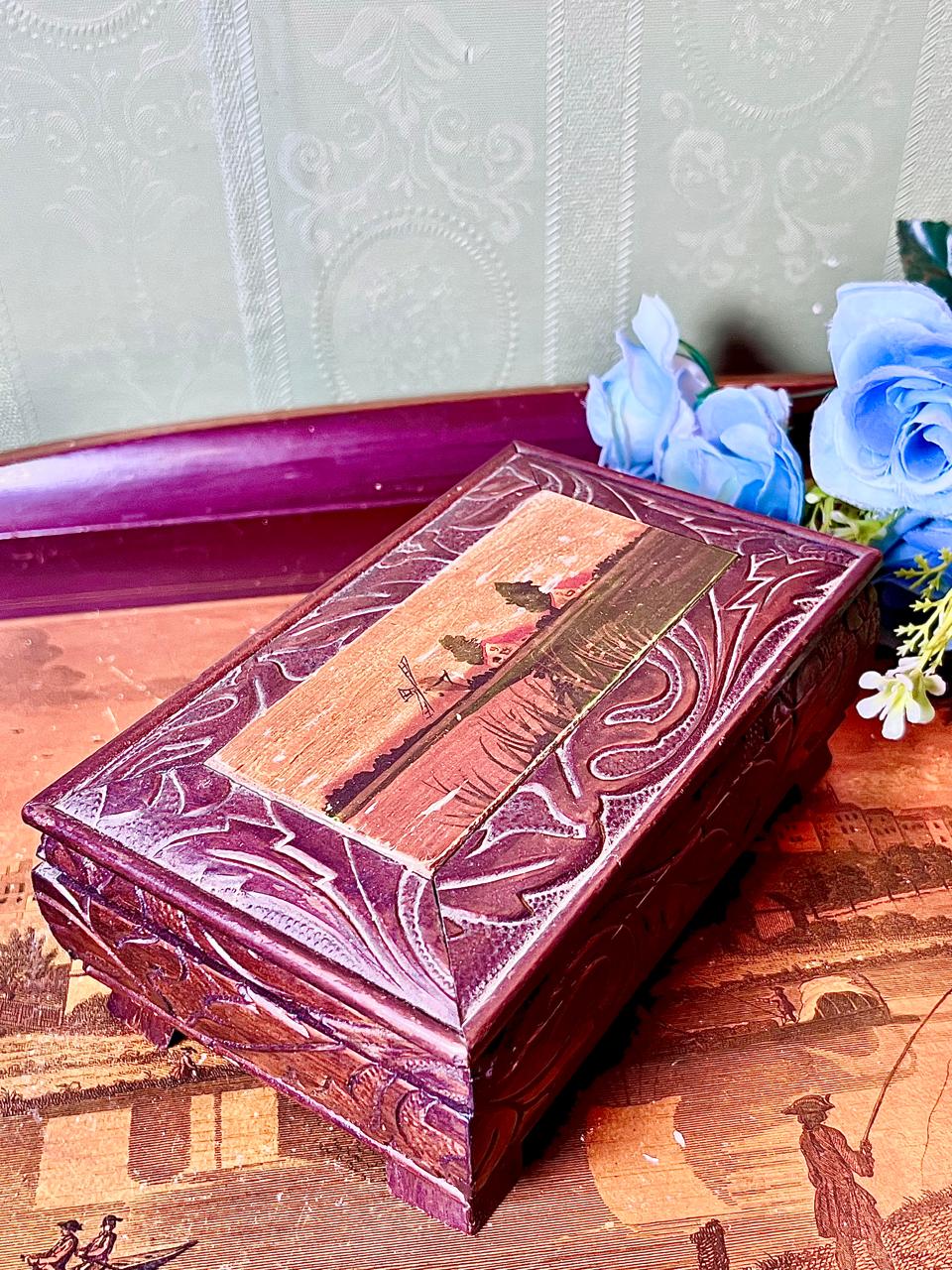 Carved Wooden Decorative Box with Floral Detailing 7 Inch