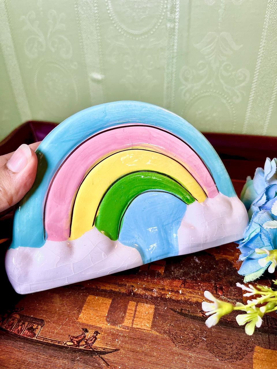 Rainbow Ceramic hand painted Money Bank Blue Multicolour 6.5 Inch
