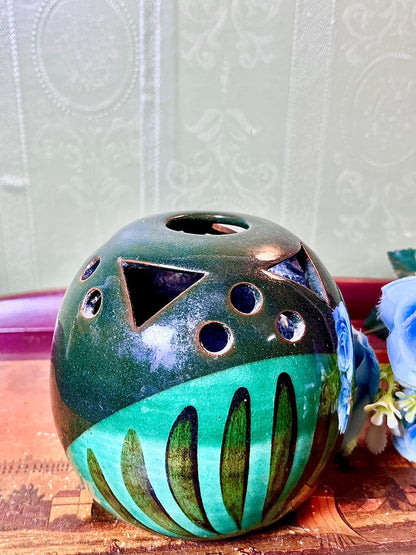 Green & Black Pierced Ceramic Candle Holder 4.5 Inch