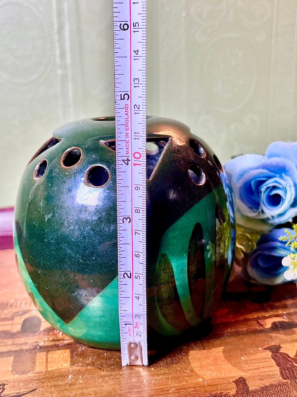 Green & Black Pierced Ceramic Candle Holder 4.5 Inch