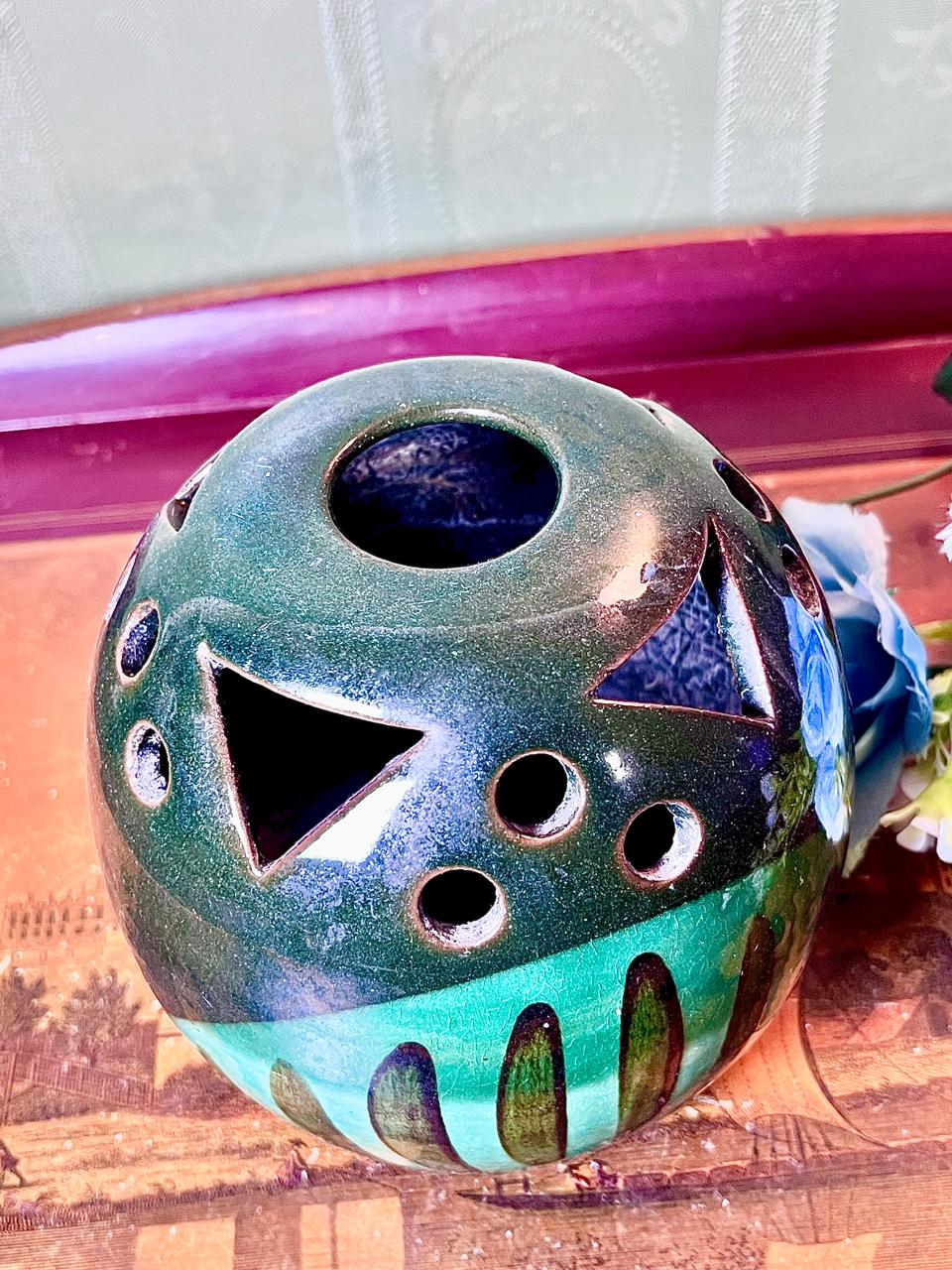 Green & Black Pierced Ceramic Candle Holder 4.5 Inch