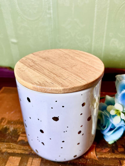 MODE White & Gold Speckled Ceramic Storage Jar with Wooden Airtight Lid 5 Inch