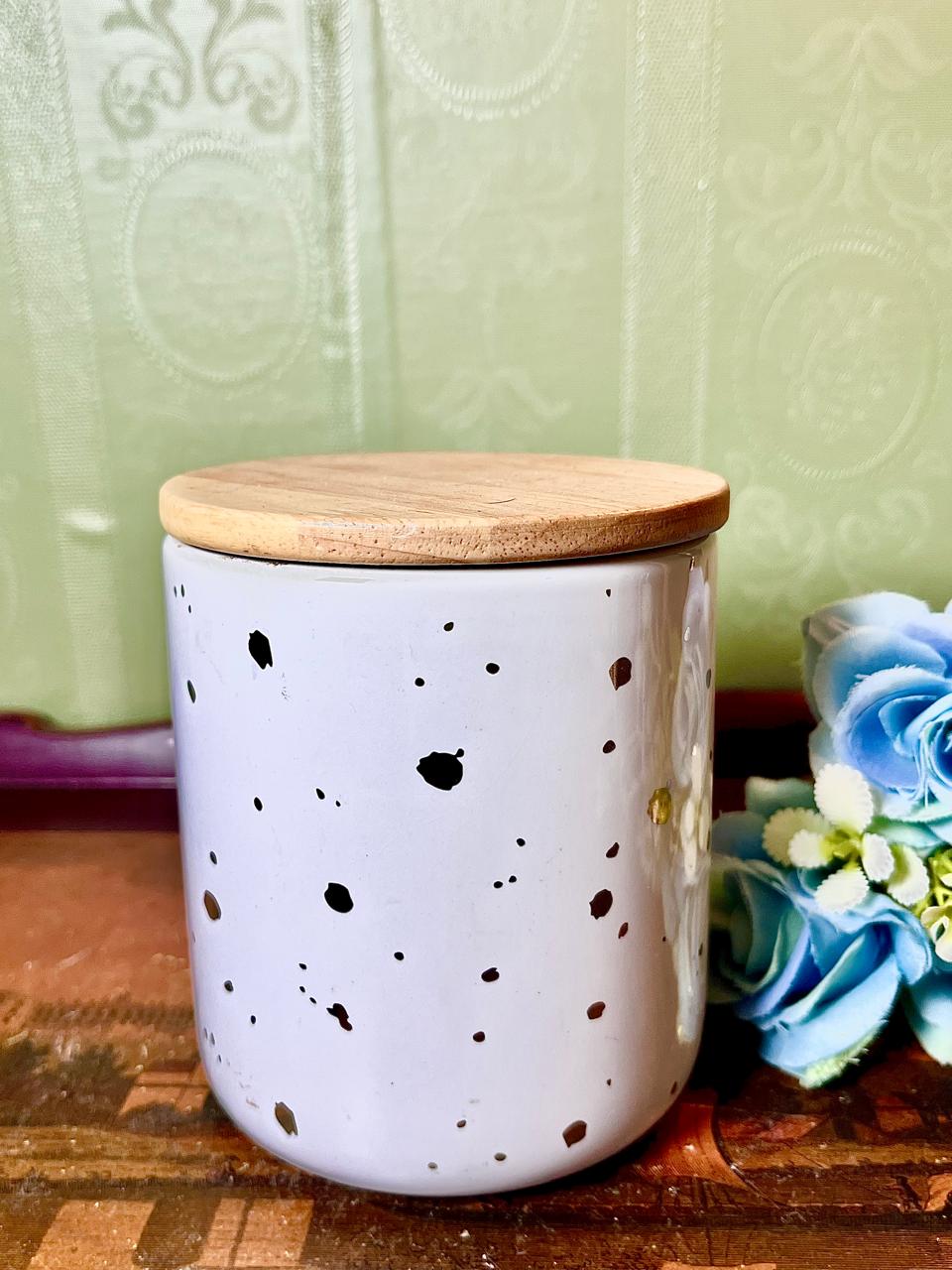 MODE White & Gold Speckled Ceramic Storage Jar with Wooden Airtight Lid 5 Inch