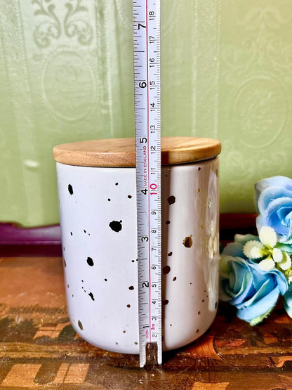 MODE White & Gold Speckled Ceramic Storage Jar with Wooden Airtight Lid 5 Inch