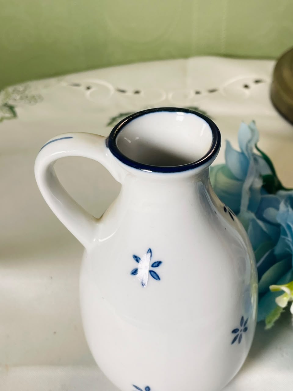 Vintage White Ceramic Jug with Blue Floral Motif, 13 cm