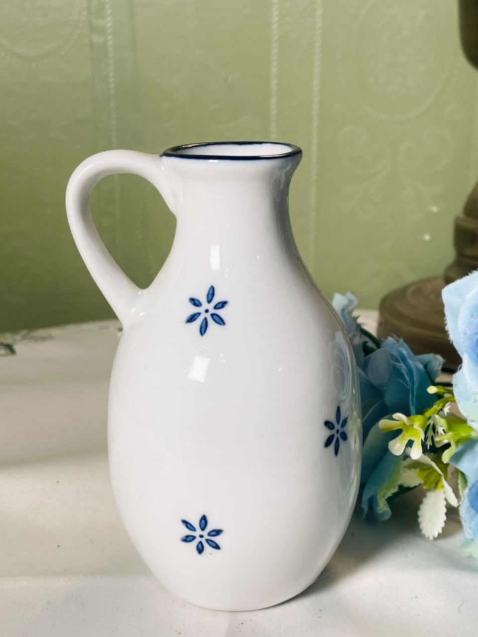 Vintage White Ceramic Jug with Blue Floral Motif, 13 cm