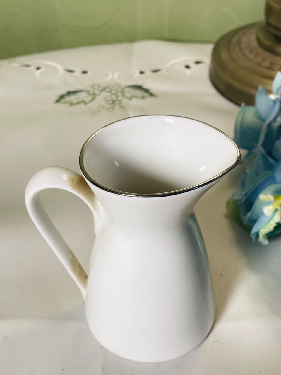 Vintage White Ceramic Jug with Dark Rim, 10 cm