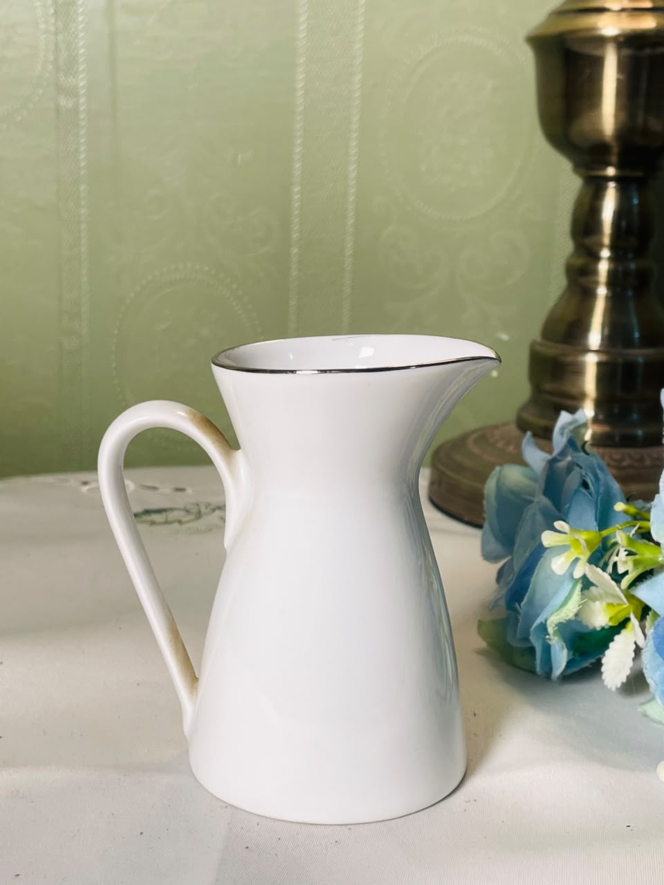 Vintage White Ceramic Jug with Dark Rim, 10 cm