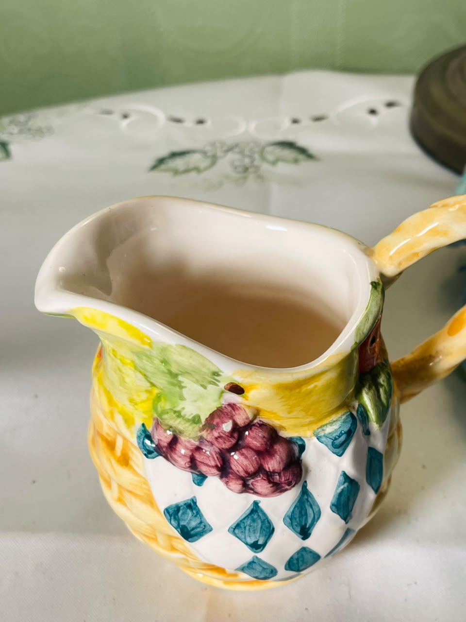 Vintage Hand painted Multicolour Ceramic Jug with Fruit Motif, 9 cm