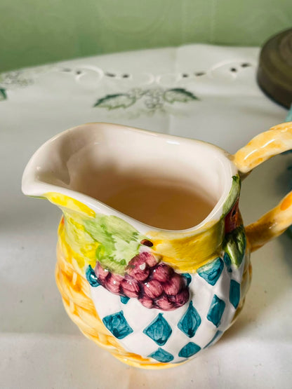 Vintage Hand painted Multicolour Ceramic Jug with Fruit Motif, 9 cm