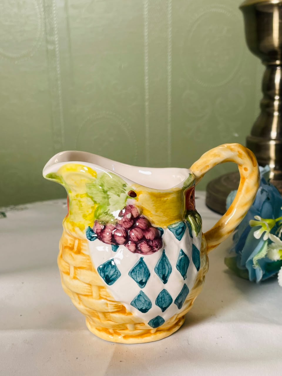 Vintage Hand painted Multicolour Ceramic Jug with Fruit Motif, 9 cm