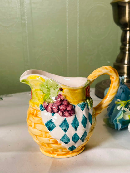 Vintage Hand painted Multicolour Ceramic Jug with Fruit Motif, 9 cm