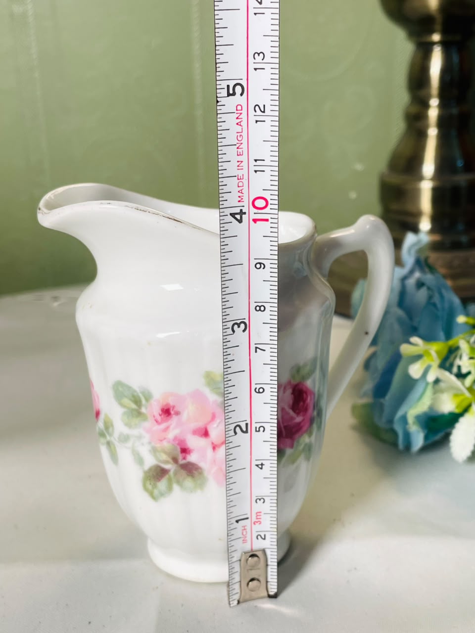 Vintage White Ceramic Jug with Pink Rose Motif, 10 cm