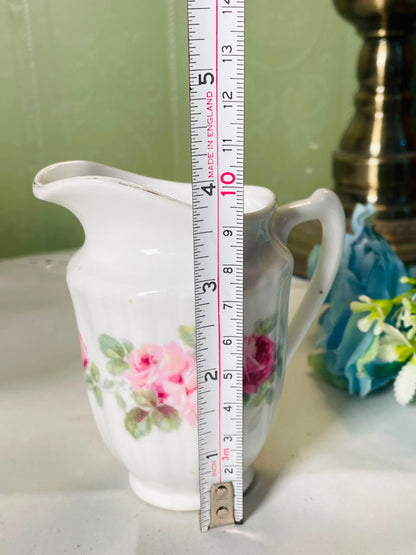Vintage White Ceramic Jug with Pink Rose Motif, 10 cm