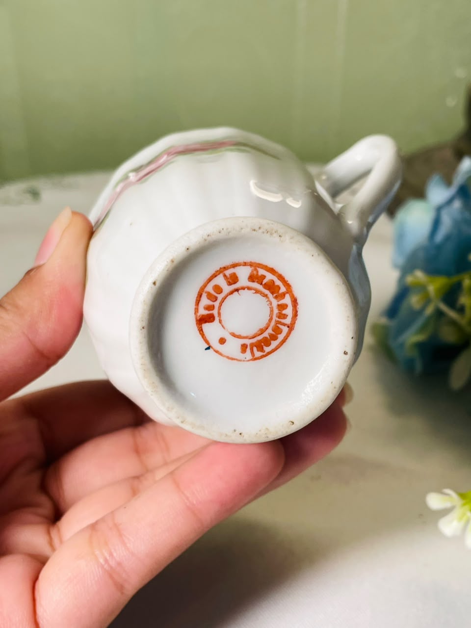 Vintage White Ceramic Jug with Pink Rose Motif, 10 cm